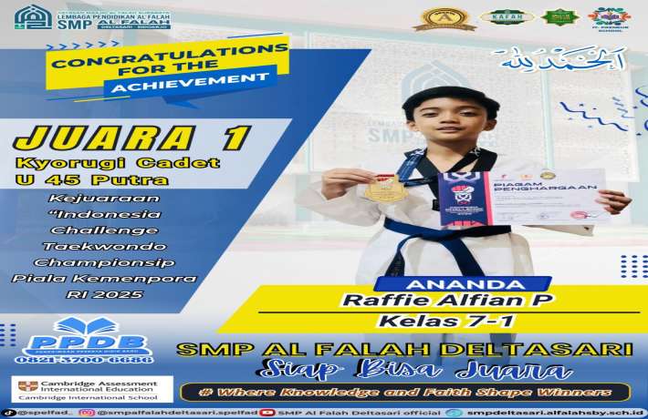 Raffie Alfian Putranarendra sang peraih Juara 1 Kyorugi Cadet U 45 Putra pada Kejuaraan Indonesia Ch
